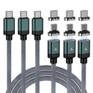 ZBF 100W USB C Magnetic Charging Cable, 2 in 1 Charger Cable for Type C(3 Pack, 4/6.6/6.6FT) 480Mbps Data Transfer, 5A Fast Charging for Phone 17 16 15,14,13 Pro Max, MacBook Pro,Pad,Galaxy S22,Pixel
