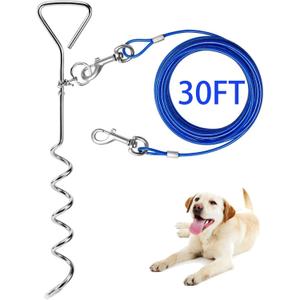 Dog Tie Out Cable and Anti Rust Spiral Stake , 30ft Outside Leash&Chain for Camping and Yard, 16'' Heavy Duty for Medium-Large Dogs Up to 125 lbs (30FT, Blue)