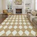 PureCozy 3x5 Checkered Area Rugs for Living Room Brown Machine Washable Large Rug Non-Slip Stain Resistant Low Pile Boho Accent Indoor Throw Carpet for Bedroom Dining Room Home Aesthetic Decor