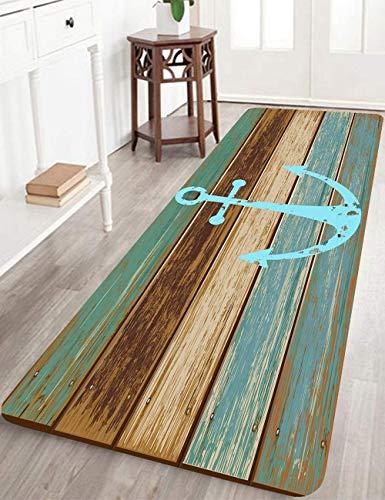Bathroom Rugs, Kitchen Rug Non-Slip Soft Absorbent Bath Mats with Nautical Anchor Flannel for Bathroom Kitchen and Hallway 24 inches X 71 inches Turquoise/Brown