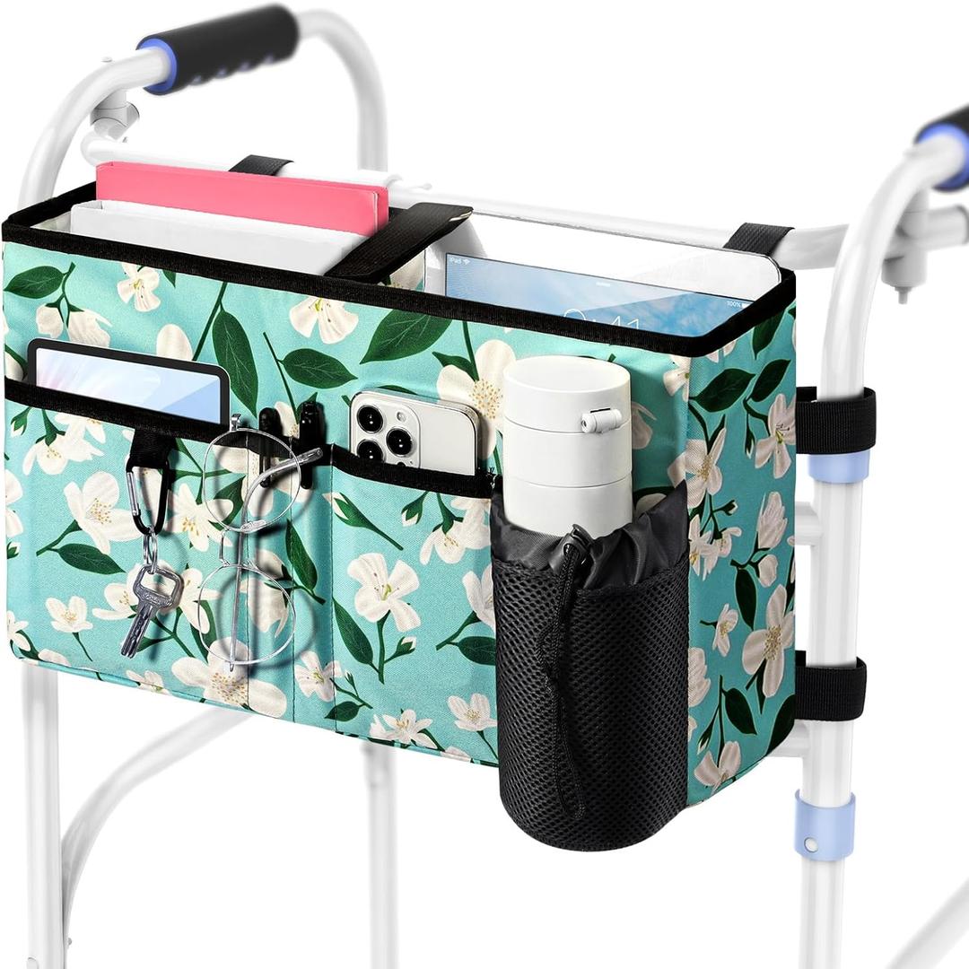 Rhino Valley Walker Bag, Multi Pockets Folding Walker Basket Tote Bag with Cup Holder, Hand-free Carry Pouch Storage Bag for Universal Walkers, Large Capacity Organizer for Seniors Elderly, Flower (C Cyan Lily)