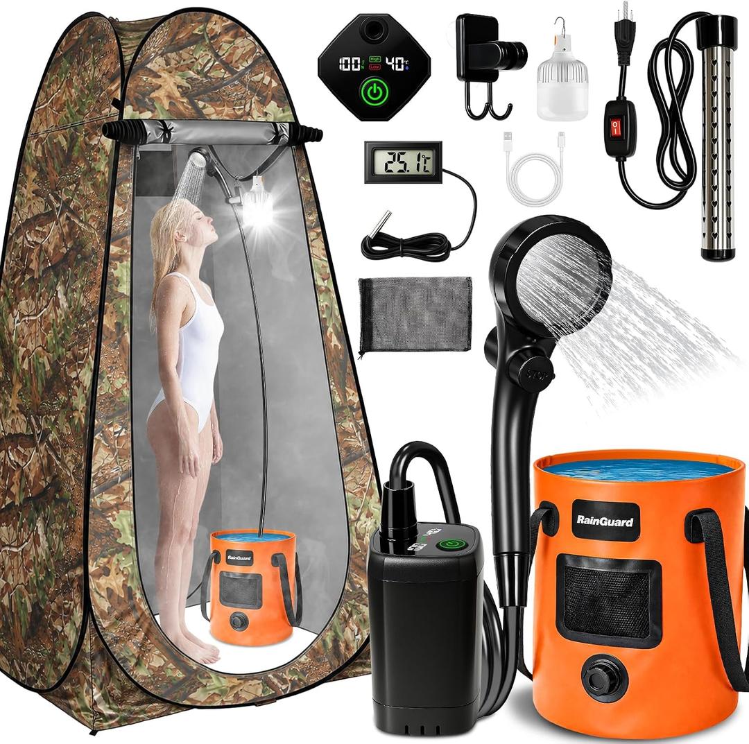 Portable Shower with Heater, Pop up Shower Privacy Tent with LED Lights, 6000mAh Camp Shower Pump, 6.6 Gallons Foldable Bucket, Outdoor Camping Shower Kit for Hiking, Beach, Pet Bath, Car Wash (Camo)