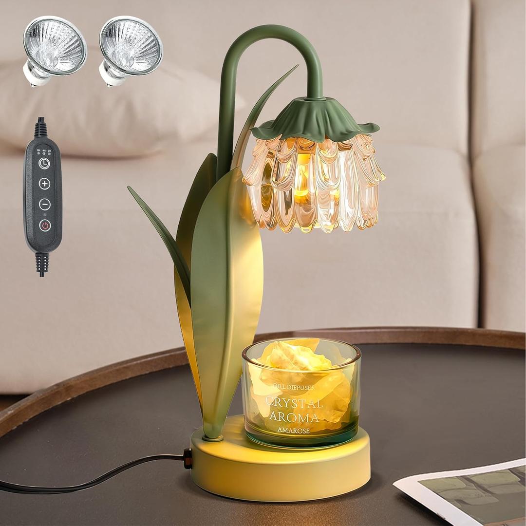 Flower Candle Warmer Lamp with Timer Dimmable, Small Candle Lamp Warmer, Christmas Birthday Gifts for Women Mom, Wax Melt Warmer for Jar Candles with 2 Bulbs, House Warming Gifts New Home Decor