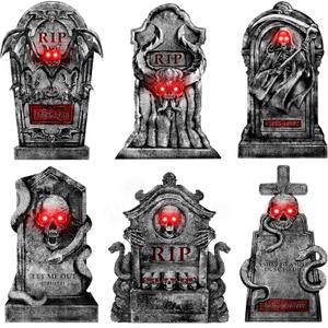 Outdoor Halloween Decorations Graveyard Tombstones: 6pcs Large Halloween Gravestone Yard Signs with Stakes, Red LED Lights in Eyes, Battery Included, 16" Scary Skeleton RIP Cemetery Headstones Dcor