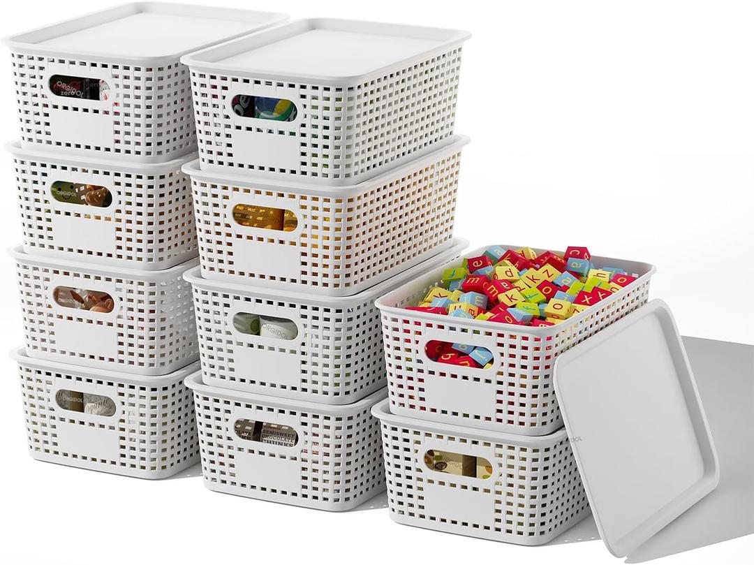 Plastic Storage Basket with Lids 10 Pack Stackable Storage Bins Containers with Lid, Decorative Storage Boxes for Organizing Shelves, Drawers, Playroom, Classroom, Office, Closet, White