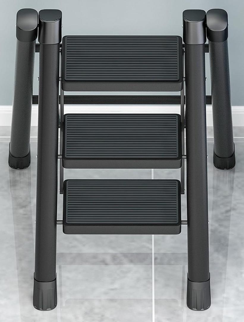 Step Ladder 3 Step Folding Portable Step Ladder with Anti-Slip Wide Pedal Aluminum Stepladder Lightweight Step Stool for Office, Household, Library 300lbs - Black