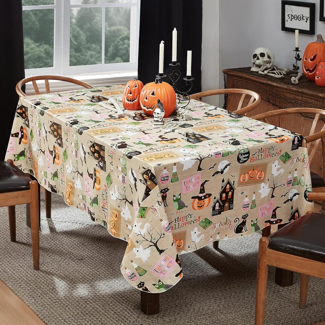 2 x Newbridge Happy Halloween Witches Brew 60 x 84 Inch Rectangle Vinyl Tablecloth with Flannel Backing, Cute Ghost, Cat and Pumpkin Design, Easy Care Wipe Clean Halloween Table Cover