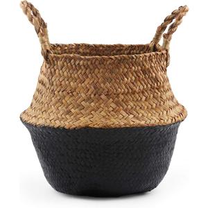Woven Seagrass Belly Basket for Storage, Laundry, Picnic, Plant Pot Cover, and Grocery and Toy Storage (Black, Large)