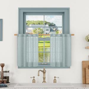 LAMIT Window Linen Curtains 24 Inch Length, Semi Sheer Light Filtering Window Panels Back Tab and Rod Pocket Drapes for Kitchen/Small Windows, Greyish Blue, 25 x 24 Inch, 2 Panels