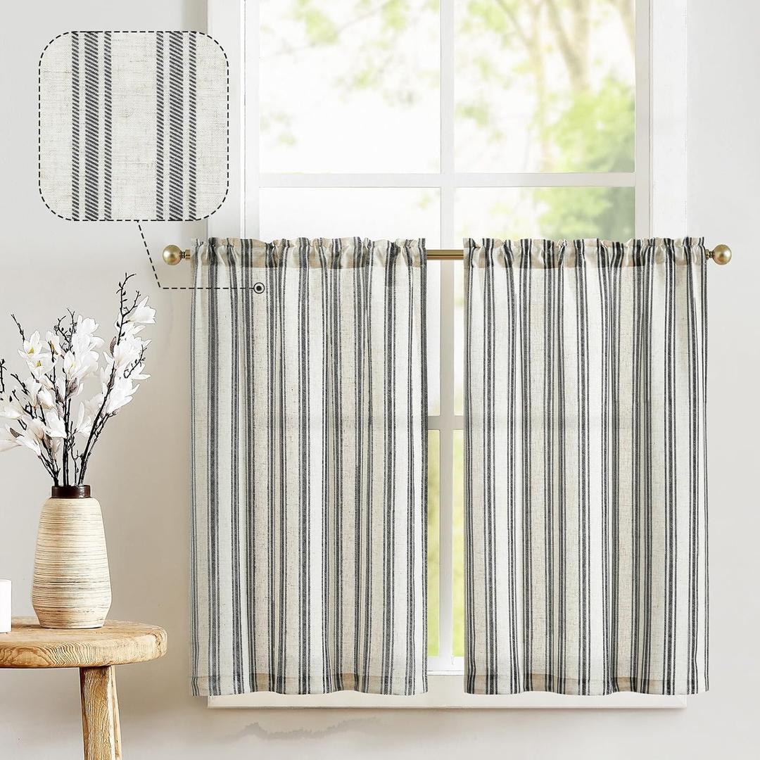 jinchan Striped Linen Kitchen Curtains 36 Inch Tiers Cafe Curtains Farmhouse Small Drapes for Windows Short Balanced Stripe Half Window Light Filtering for Bathroom Laundry 2 Panels Black on Linen