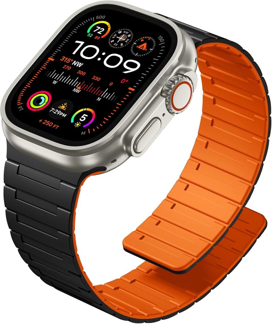 SNBLK Magnetic Watchband Compatible with Apple Watch for Men 44mm 45mm 46mm 49mm 42mm 41mm 40mm 38mm Women, Silicone Sport Strong Magnet Strap for iWatch Series 11 Ultra 3 Ultra 2 Se 10 9 8 7 6 5 4 1 (Black/Orange)