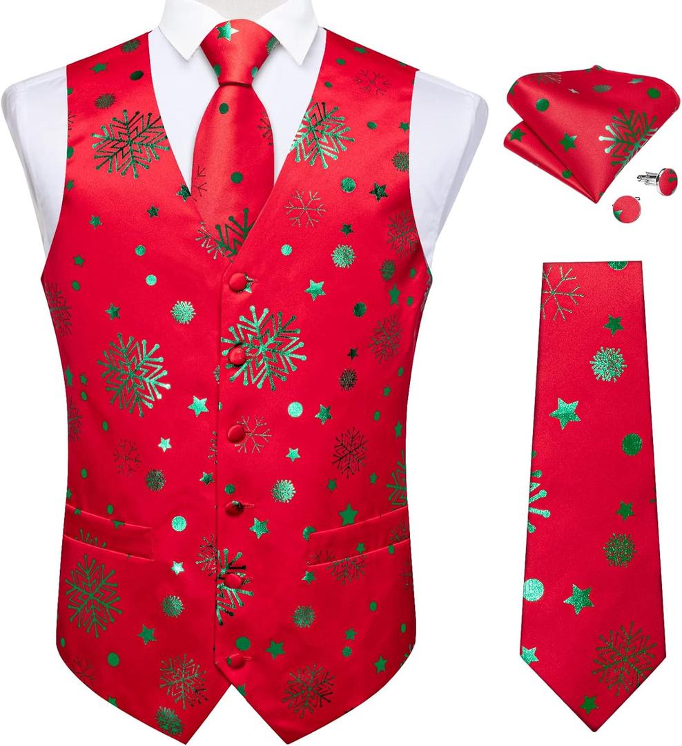 DiBanGu Christmas Men's Suit Vest and Tie Snowflake Waistcoat Necktie Pocket Square Cufflinks Set Festival Party Gifts (Medium, Christmas Red Green)
