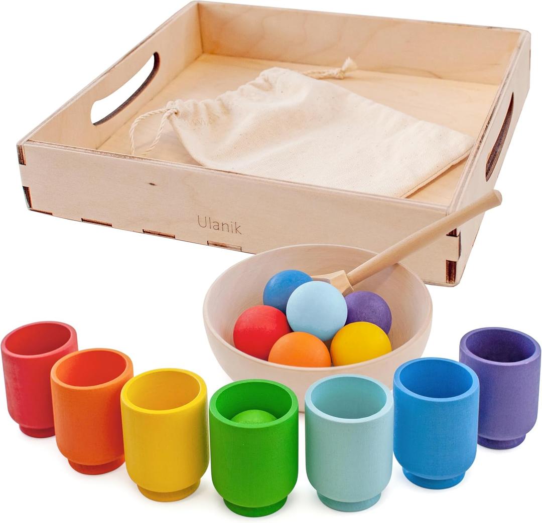 Ulanik Small Rainbow Balls in Cups Toddler Montessori Toys for 3+ Year Old Kids Wooden Matching Game for Learning Color Sorting and Counting  7 Balls