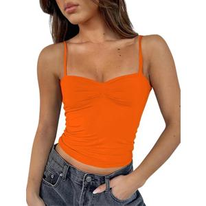 ForeFair Women Y2K Sweetheart Neck Sleeveless Crop Tank Tops Backless Spaghetti Strap Pleated Bustier Camis Going Out Top (Large, Orange)