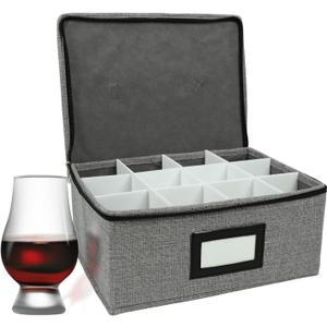 HURZMORO Storage Box for Whisky Glass,12 Whiskey Glasses Holder for Organizer, Fully-Padded Inside with Sturdy Construction, Packing Boxes with Dividers for Moving Whiskey Gift (12 compartments)