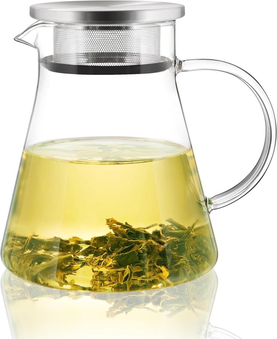 CNGLASS 30.5oz/ 900ml Glass Teapot Stovetop Safe, One-Touch Clear Tea Kettle, Blooming and Loose Leaf Tea Maker