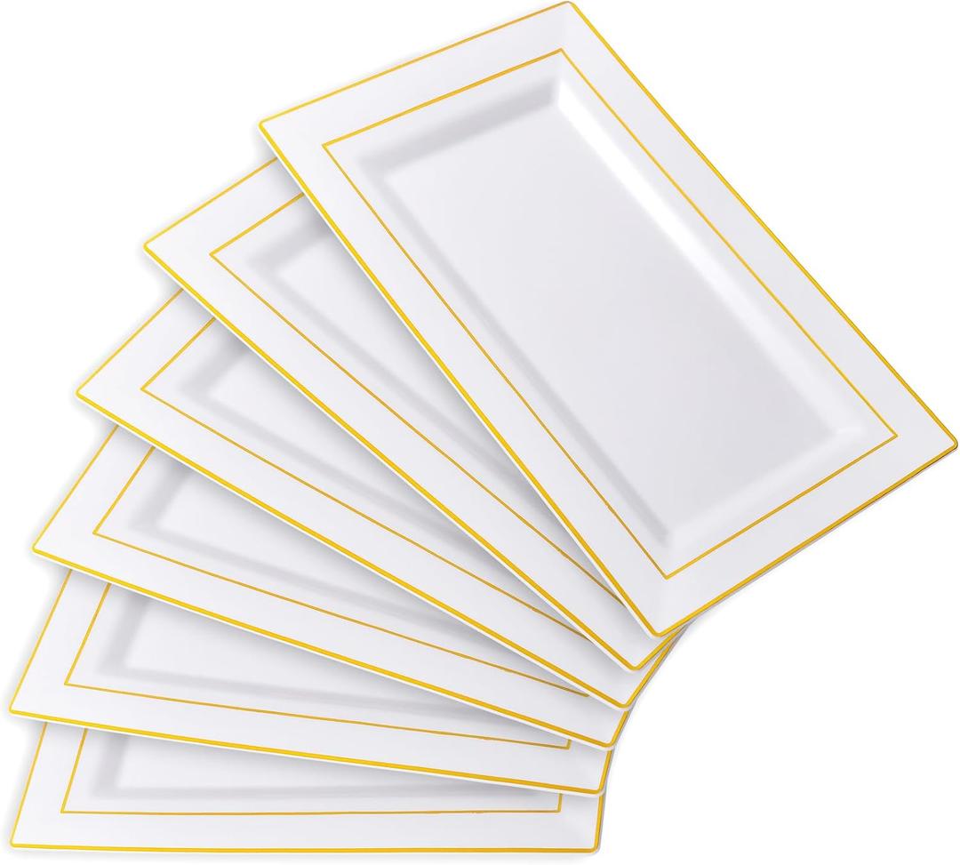 I00000 6 Pack Plastic Serving Trays, Gold Rim Disposable Serving Trays, Gold Disposable Serving Platter for Food Party Serving Platters and Plastic Trays 13.97x8.46 inches (White Gold)