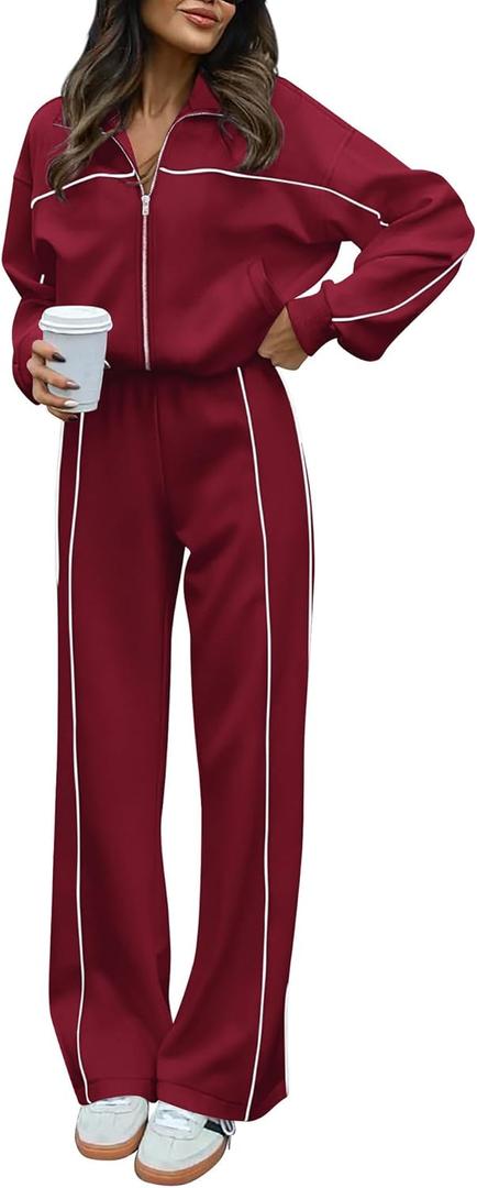 BTFBM Women's Two Piece Tracksuit Fall 2026 Long Sleeve Zip Up Sweatshirt Long Pants Outfits Jogger Sweatsuit Sets (Red, S)