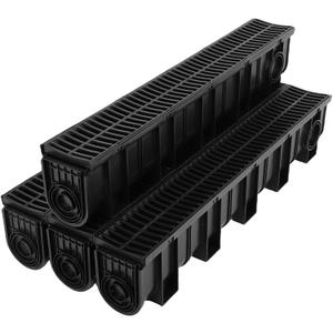 Trench Drain System, Channel Drain with Plastic Grate, 5.9x7.5-Inch HDPE Drainage Trench, Black Plastic Garage and Garden Drain, 4x39 Trench Drain Grate, with 4 End Caps-4 Pack