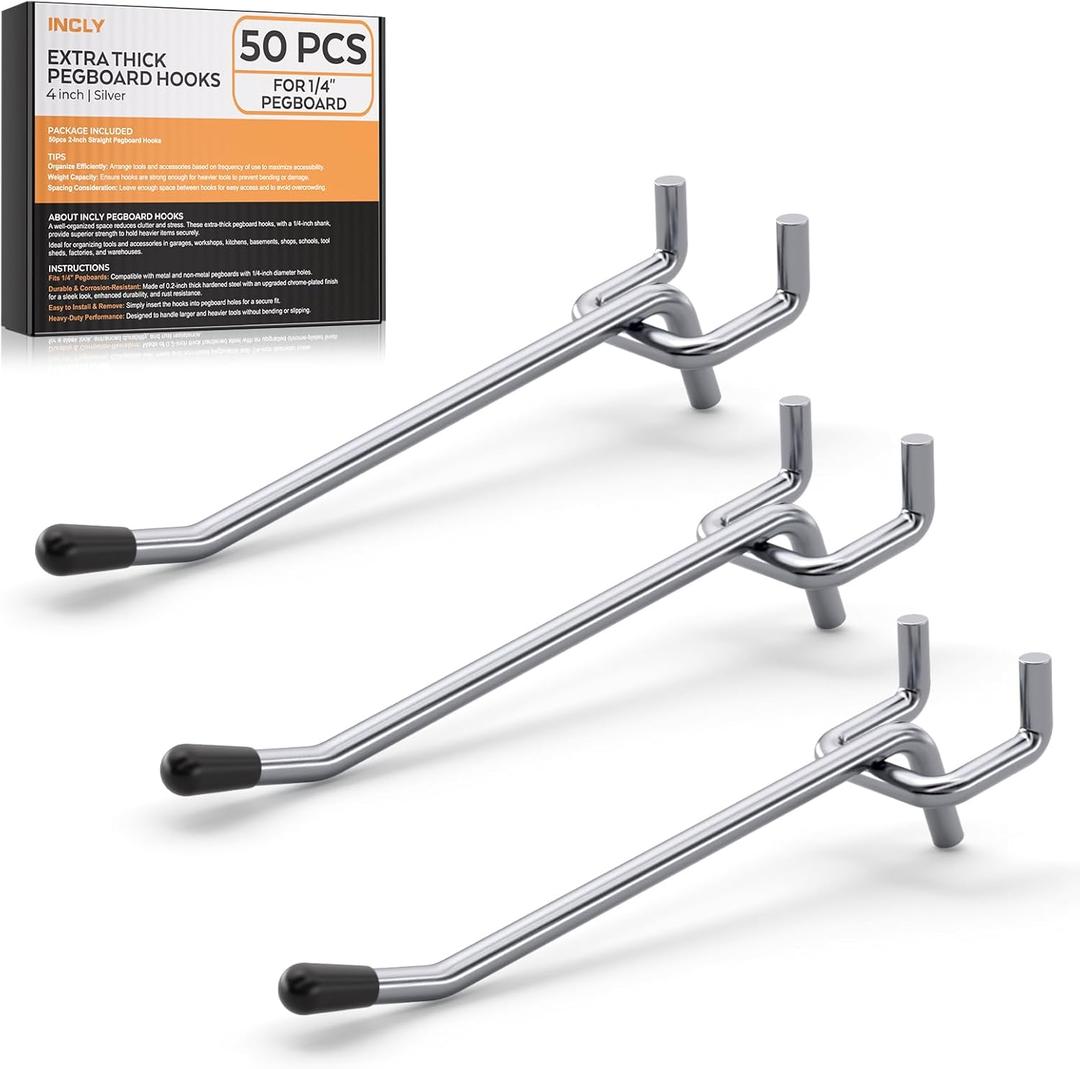 INCLY 50 Pack 4 Inch Pegboard Hooks, 1/4" Heavy Duty Peg Board Hooks Accessories with Rubber Tipped, Peg Board Tool Hangers Fit 1/4" Pegboard for Hanging Tools Garage, Craft Room, Kitchen, Store