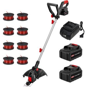 MZK 20V 12'' Cordless String Trimmer, Grass Trimmer&Edger with 8 Replacement Spools, Battery Powered Weed Trimmer with Auto Line Feed for Garden, Lawn(2 * 4AH Battery and Charger Included),ST12D07