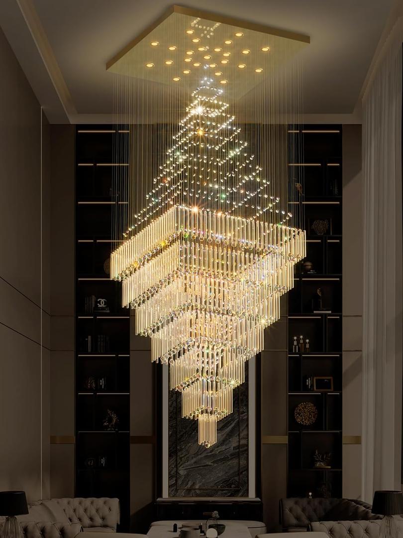 Flashing God D59''X H120'' Extra Large Chandeliers for High Ceilings Crystal Raindrop Gold Chandeliers Large Villa Chandelier Entrance Foyer Ceiling Light LED Dimmable 2700K-6000K Quadrate