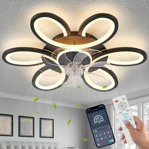 Black-Star Ring Ceiling Fans with Lights and Remote, 27 Inch Modern Low Profile Flush Mount Ceiling Fan, Dimmable LED Ceiling Light Fixture, Small Ceiling Fans for Bedroom, Kitchen, Indoor-Black