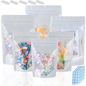 200 Mylar Bags for Food Storage 5X8 Mylar Bags with Window Candy Packaging Resealable Bags White Stand Up Pouches Edible Packaging for Small Business