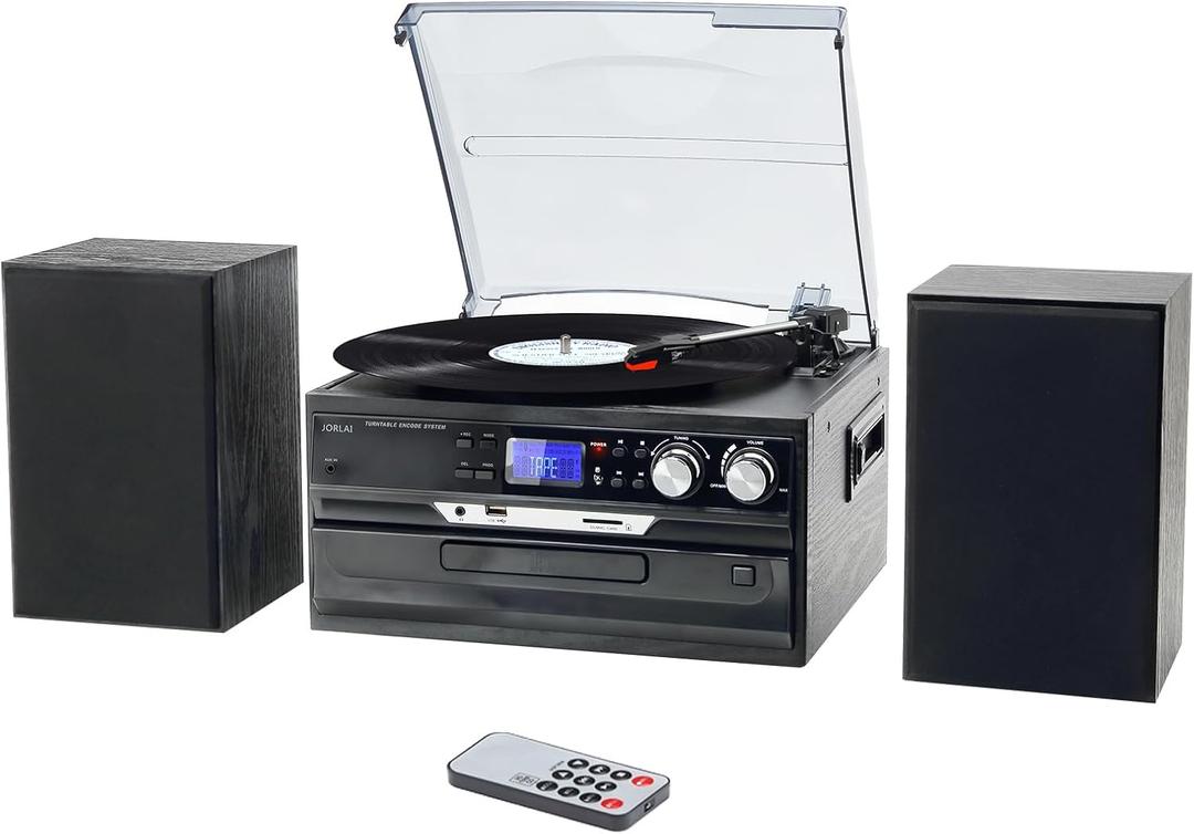 10-in-1 Vinyl Record Player 3 Speeds Turntable with 2 Separate Stereo Speakers, Bluetooth Gramophone with AM/FM Radio CD/Cassette USB/SD Player AUX-in/RCA outputs, Black