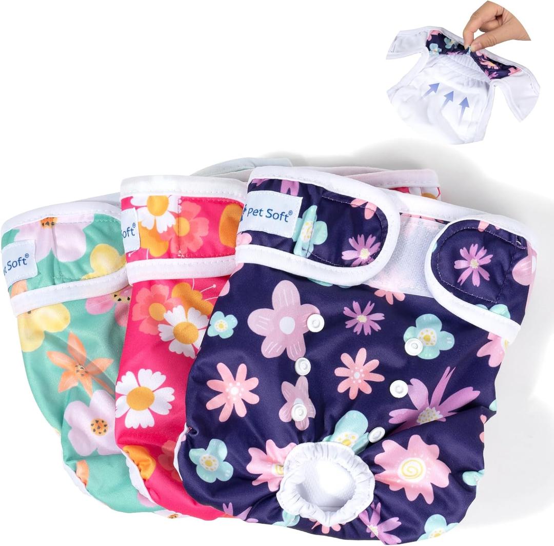 Pet Soft Dog Diapers Female Washable - Pack of 3 Doggie Diapers for Female Dogs, Strong Absorbent Reusable Dog Period Diaper, Female Dog Diapers for Heat & Pet Incontinence Peeing (Bloom, XS) (X-Small:7''-10'')