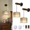 XSDeTu Battery Operated Wall Sconces Set of 2, Modern Rechargeable Wall Mounted Lamps with Remote Control, Adjustable 3 Colors Dimmable Wall Lights for Bedroom, Wooden Arm, Hexagonal Fabric Shade