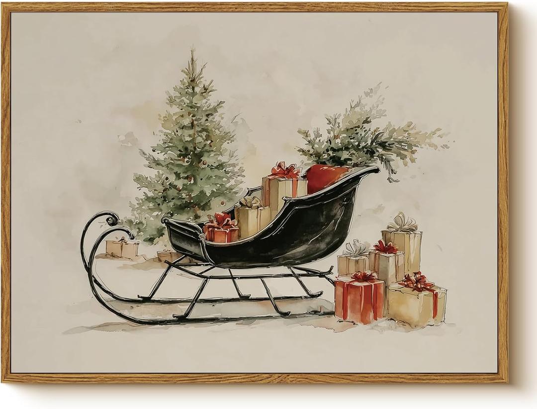 Christmas Sleigh with Holiday Tree and Gift Boxes Wall Art, 12x16 Inch Christmas Framed Canvas Painting Print, Rustic Festive Picture Winter Artwork Dining Room Office Entryway Gift Dcor