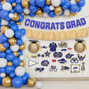 KatchOn, Blue and Gold Graduation Balloons Arch Set - Huge Pack of 70| Congrats Grad Banner,graduation Photo Props, Lanterns for Graduation Decorations 2025 | Grad Party Supplies