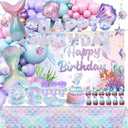 Mermaid Birthday Decorations, 213Pcs Mermaid Party Supplies Include Tablecloth, Plates, Napkins, Cups, Banner, Backdrop, Balloons, Hanging Swirls, Cake & Cupcake Toppers for Girls Birthday Party