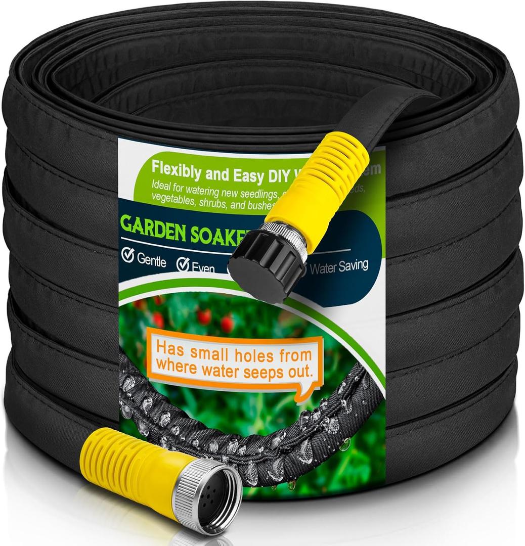 LAVEVE Flat Garden Soaker Hose 200 FT, Heavy Duty Water Hoses Irrigation System, Leakproof Drip Tubing Watering for Lawn, Flower Bed, Vegetable Field (50FT x 4Pack)