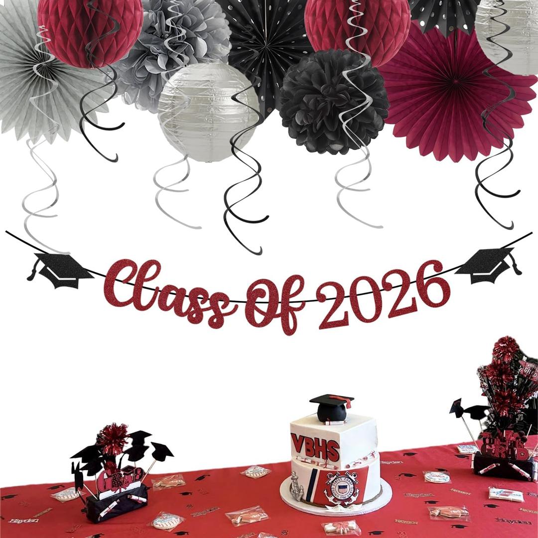 2 x 2026 Class Graduation Party-Decorations Banner-Streamers - 21pcs Burgundy Black Silver Congratulations Grad Backdrop Decor,Tassel Garland,Tissue Pom Poms Honeycomb,Paper Lantern Fans Hugtmr