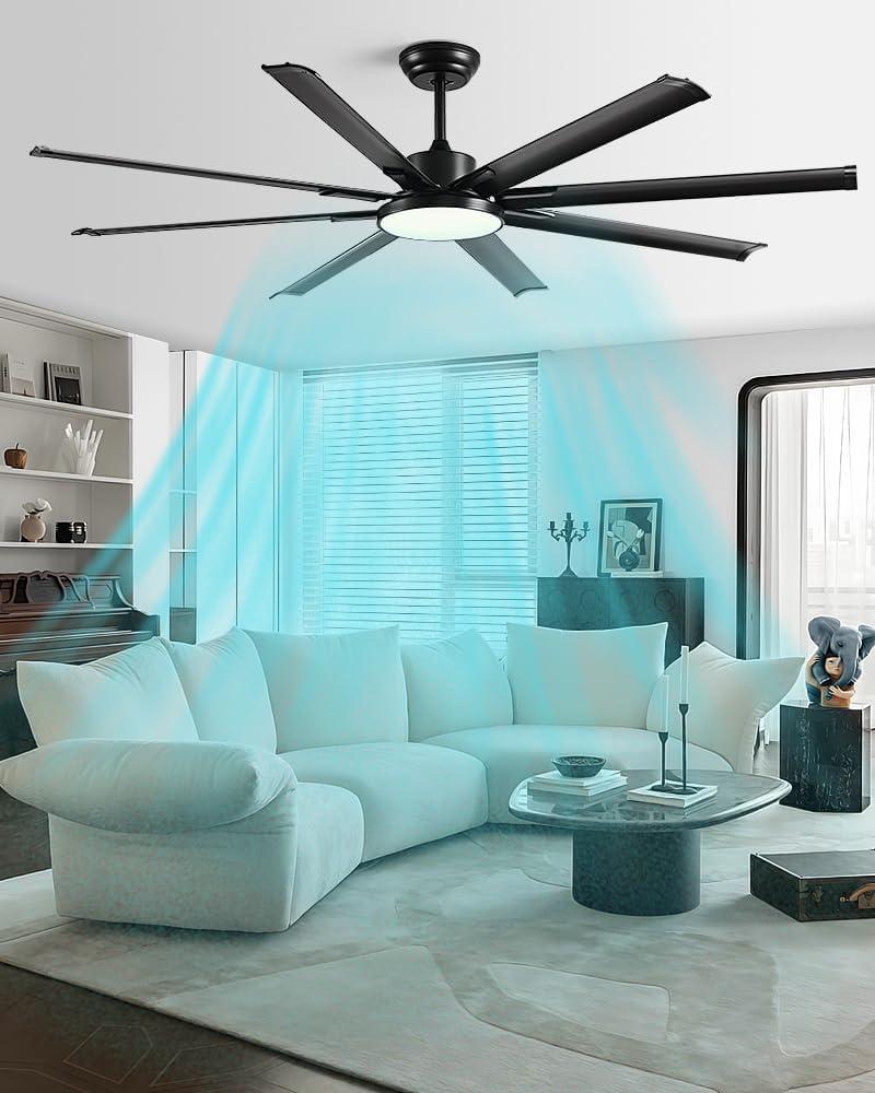 74in Aluminum Ceiling Fan of 10000CFM High Airflow with Light and Remote Control,Outdoor/Indoor ceiling fan with Noiseless Reversible DC Motor 6 Speeds with 3 CCT/Dimmable/Timer for Living Room Patios (72 inch)