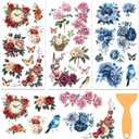 BEUNITONE 3 Sheets Birds Flower Rub on Transfers for Crafts Furniture Vintage Flower Rub on Transfers Stickers for Dresser Wood Glass Scrapbook DIY Home Decor Window Decals Waterproof 6"x12"