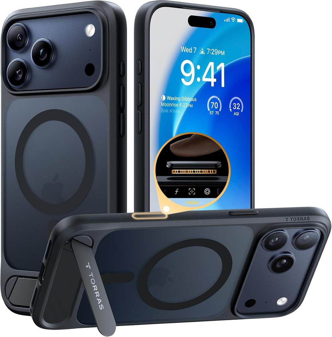 TORRAS Strong Magnetic & Seamless Stand for iPhone 17 Pro Max Case, Fit for MagSafe, Military Grade Drop Protection, Sturdy Adjustable Kickstand Slim for iPhone 17 Pro Max Case Translucent Matte Black