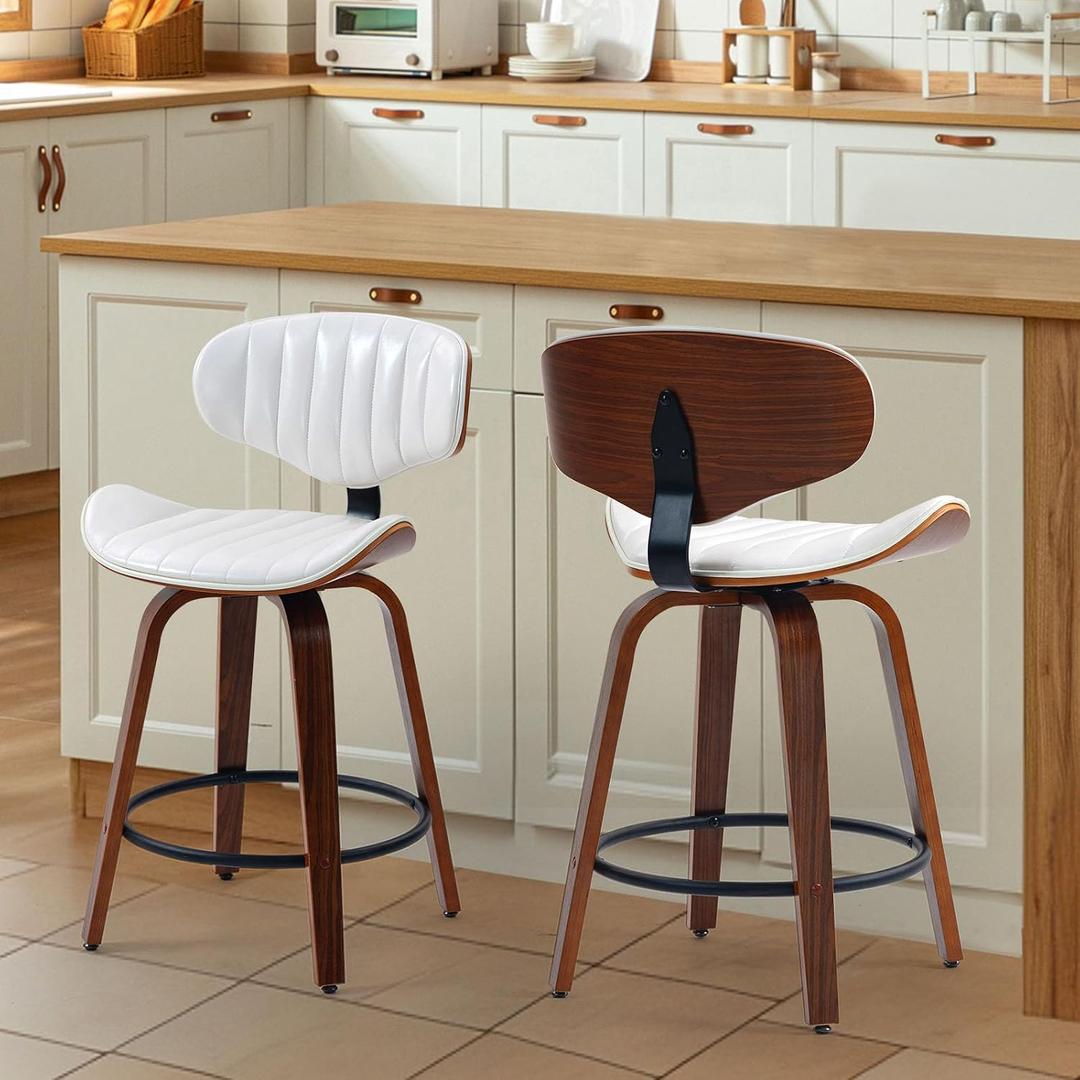 Counter Height Bar Stools Set of 2 24" Leather Bentwood Barstools Swivel
