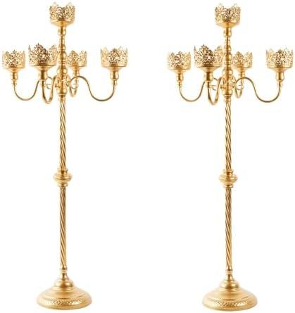 Gold Floor Candelabra for Wedding Event Decor, 40'' Tall Floor Candle Holders, 2 Pcs Metal 5 Arm Candelabra Centerpiece Decorations for 5 Pillar Candle Holders Party Wedding Aisle Home Decor
