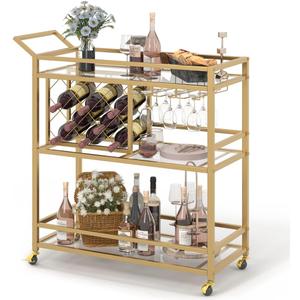FATORRI Bar Cart Gold, Home Bar Serving Cart with Wine Rack and Glasses Holder, Wine Carts on Wheels with 3 Tier Mirrored Shelves for Liquor and Beverage (Gold), 13.98 D x 35.47 W x 36.30 H