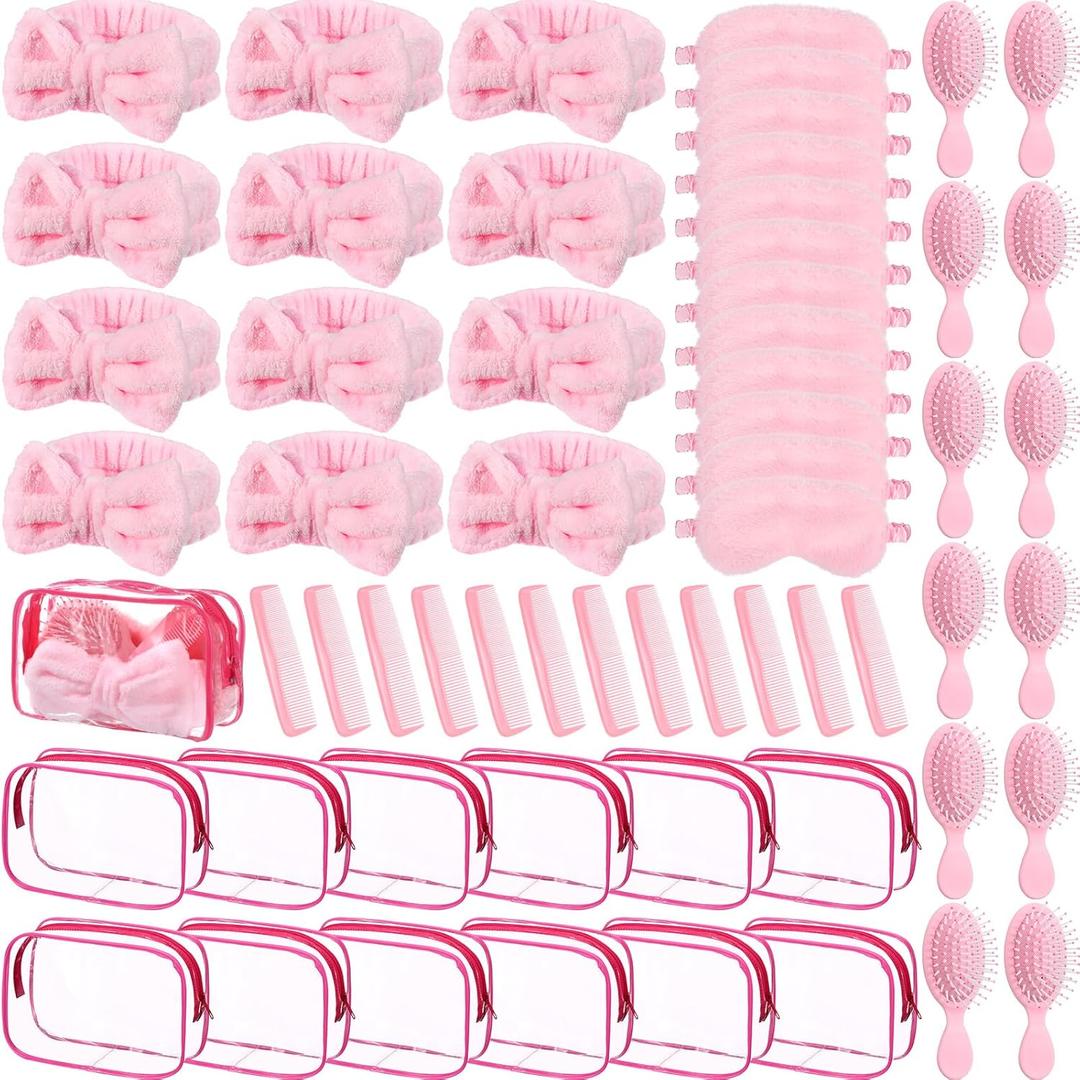60 Pcs Sleepover Party Supplies 12 Pink Spa Headband 12 Plush Sleep Eye Mask 12 Mini Hair Brush 12 Combs 12 Clear Cosmetic Bags Bulk for Christmas Spa Slumber Party Favors Gift