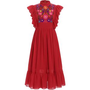 Women Mexican Embroidered Dress Traditional Casual Summer Floral Cinco De Mayo Fiesta Outfit Dance Party Midi Dresses (Small)