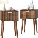 LAATOOREE Nightstands Set of 2, Small Fluted Side Table, Bedside Table with Solid Wood Feet; Modern Mid-Century End Table for Bedroom, Small Space (Rustic Brown)