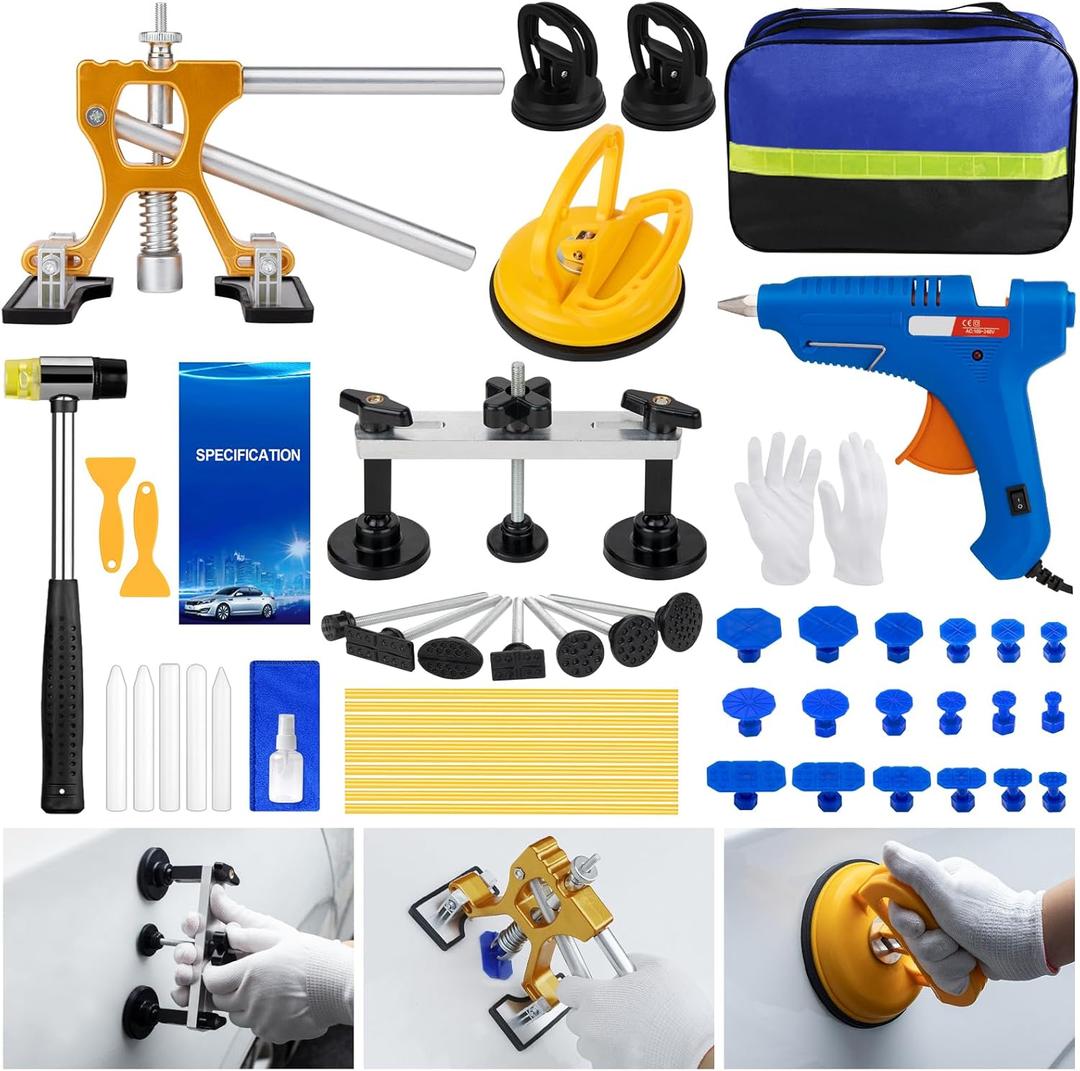 55Pcs Dent Puller Kit, Professional Car Paintless Dent Removal Kit with Golden Lifter, Bridge Puller, Suction Cup for Repairs 96% of Car Dents, Dent Puller Tools for Car Hail Damage DIY Repair