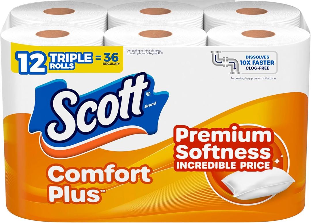 Scott ComfortPlus Toilet Paper, 12 Triple Rolls, 231 Sheets per Roll, Septic-Safe, 1-Ply Toilet Tissue (Packaging May Vary)