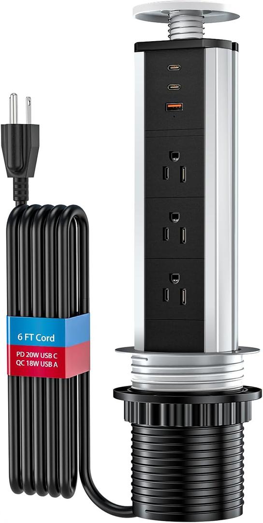 BTU 20W Pop Up Outlet for Kitchen Countertop, Retractable Recessed Outlet with 3 AC Outlet, 2 USB A Ports and 1 USB C Port for Kitchen Countertop Conference Office Recessed Power Outlet, Black &Silver