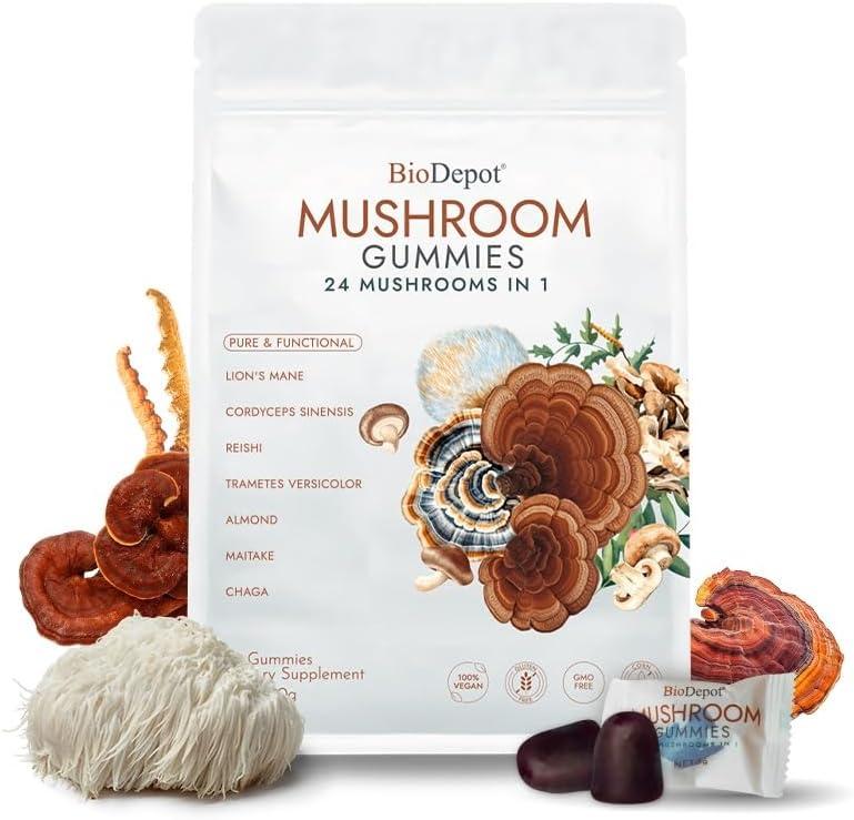 Super Mega Mushroom Gummies 24 in 1 Daily Mushroom Supplement Support for Memory, Focus & Energy, Host Immune Defense with Lions Mane, Reishi, Chaga, Turkey Tail, Citrus Flavor, 120 Gummie