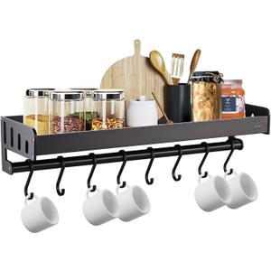 SUBMARINE Floating Shelves, Kitchen Wall Shelves, Black Aluminum Large Capacity Storage Shelves with 8 Hooks, Suitable for Storage in Kitchen, Bathroom and Balcony (20 in)